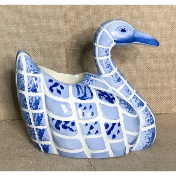 Blue White Tile Ceramic Duck Planter Candy Dish Rustic Country Cottage Farm Core - Picture 4 of 9